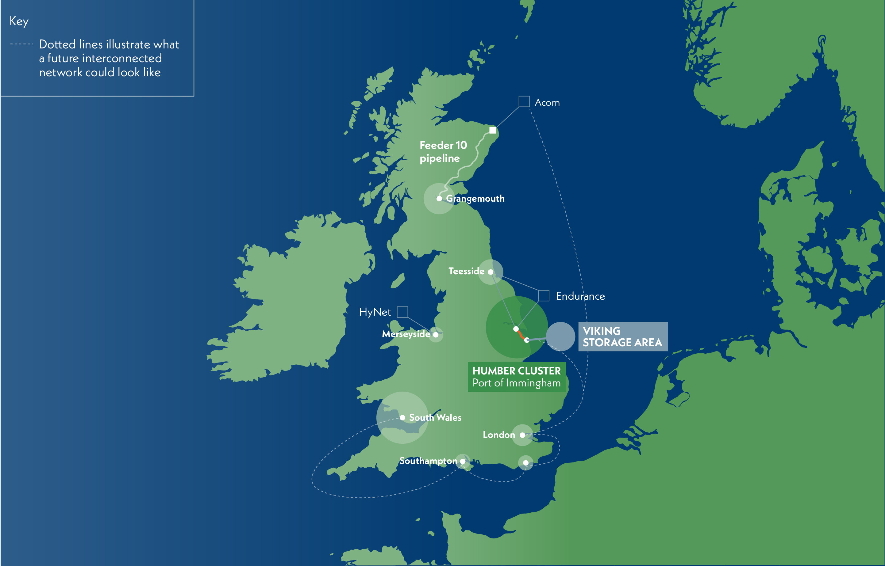 Map of the UK showing a potential future carbon capture network connecting various industrial clusters around the country.